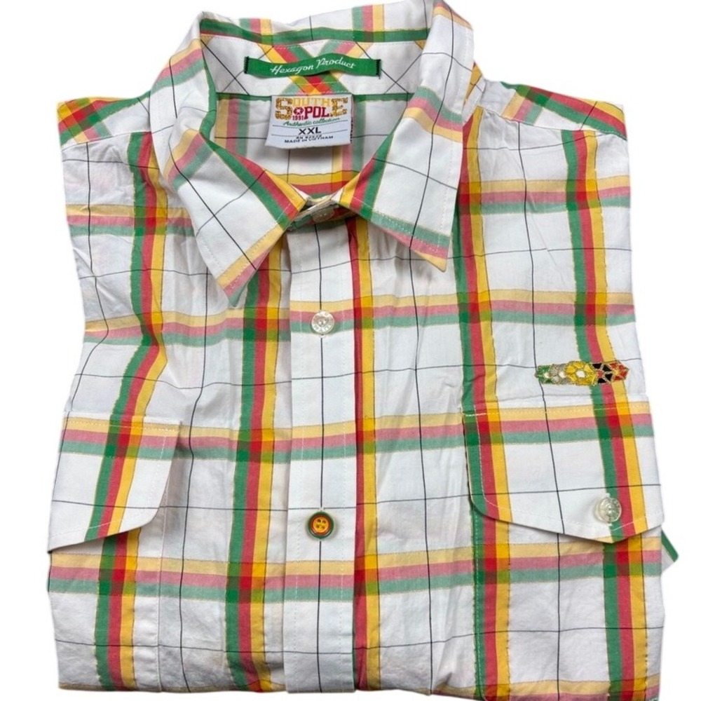 South Pole XXL Button Up Shirt Plaid White‎ Green Red Short Sleeve Mens